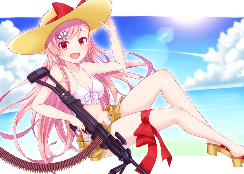 1girl :d ammunition_belt arm_up bangs bare_arms bare_shoulders bikini bikini_under_clothes blush bow braid breasts brown_footwear brown_headwear brown_shorts cleavage commentary_request day eyebrows_visible_through_hair girls_frontline gun hair_ornament hairclip hand_on_headwear haradaiko_(arata_himeko) hat hat_bow hexagram highres holding holding_gun holding_weapon imi_negev light_machine_gun long_hair looking_at_viewer medium_breasts navel negev_(girls_frontline) object_namesake open_clothes open_fly open_mouth open_shorts pink_hair red_bow red_eyes sandals short_shorts shorts smile solo star_of_david sun_hat swept_bangs swimsuit very_long_hair weapon white_bikini