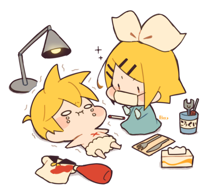 1boy 1girl :i bangs blonde_hair blue_dress bow collared_shirt commentary crayon crying crying_with_eyes_open dress fork gloves hair_bow hair_ornament hairclip kagamine_len kagamine_rin ketchup kitsune_no_ko kneeling knife lamp lying mask mouth_mask napkin o_o on_back playing_doctor scared screwdriver shirt shirt_removed short_hair short_ponytail solid_circle_eyes sparkle spiked_hair spill surgeon surgery surgical_mask swept_bangs tears tissue_box translated trembling vocaloid white_bow white_shirt wrench x |_|