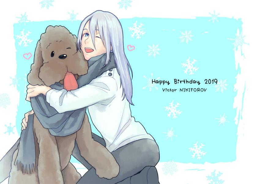 1boy 2019 ;d black_pants blue_eyes character_name dog happy_birthday heart hug kneeling long_hair makkachin male_focus one_eye_closed open_mouth pants scarf shared_scarf silver_hair smile snowflakes t3_(19841230) teenage viktor_nikiforov younger yuri!!!_on_ice