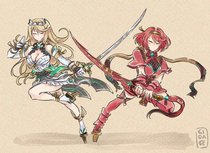 2girls adapted_costume blonde_hair breasts cidate cleavage closed_eyes geta headband hikari_(xenoblade_2) holding holding_sword holding_weapon homura_(xenoblade_2) japanese_clothes katana kimono large_breasts long_hair multiple_girls no_mouth ookami_(game) parody red_hair short_hair short_kimono style_parody sword tengu-geta thighhighs weapon white_kimono xenoblade_(series) xenoblade_2