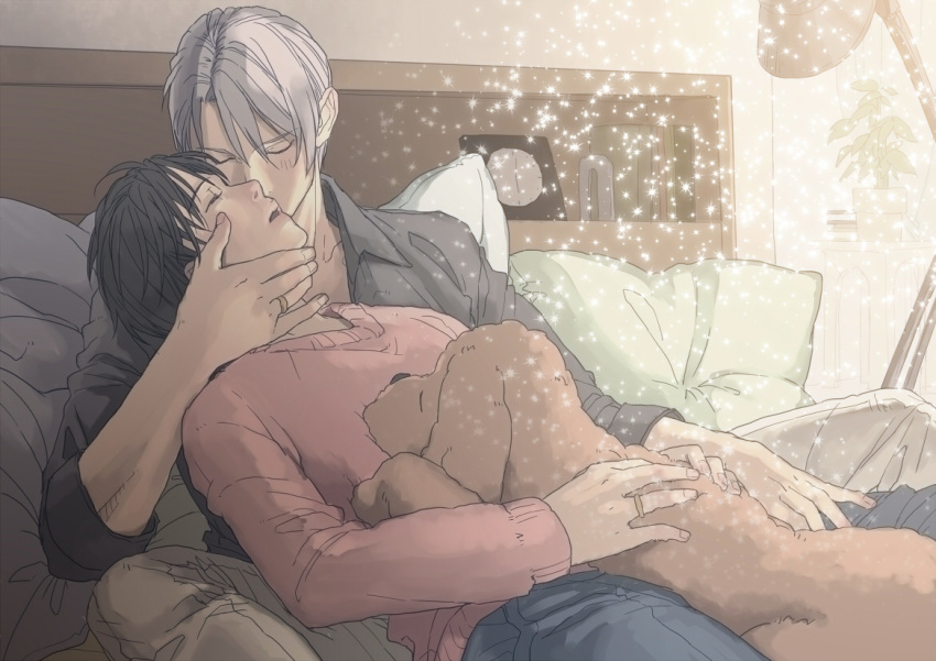 2boys bed black_hair book cheek_kiss clock closed_eyes collared_shirt dog jewelry katsuki_yuuri kiss lamp makkachin male_focus multiple_boys open_mouth pillow plant potted_plant ring shirt silver_hair sitting sleeping sparkle sweater t3_(19841230) viktor_nikiforov yaoi yuri!!!_on_ice