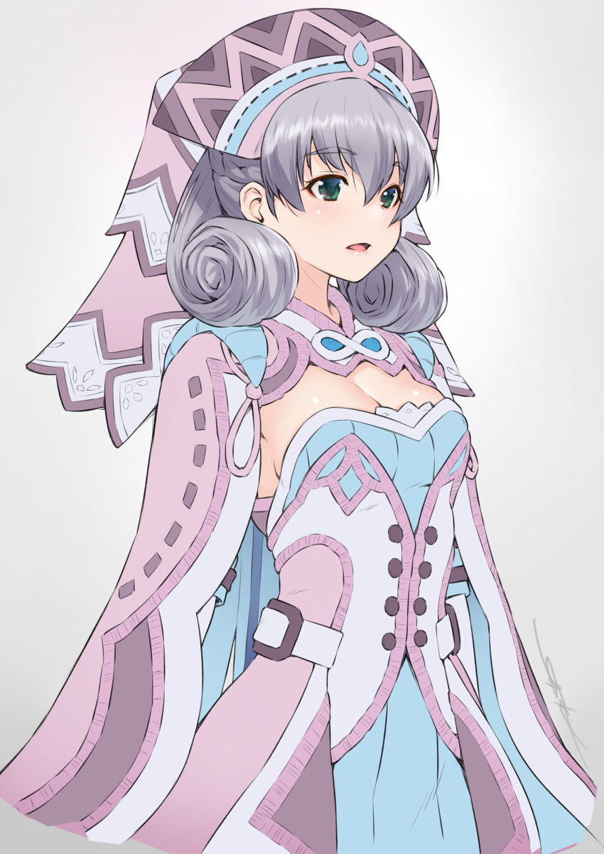 1girl bangs blush breasts cape curly_hair dress green_eyes hat head_wings highres kazuma_muramasa long_hair melia parted_lips purple_cape purple_dress purple_headwear silver_hair small_breasts xenoblade_(series) xenoblade_1