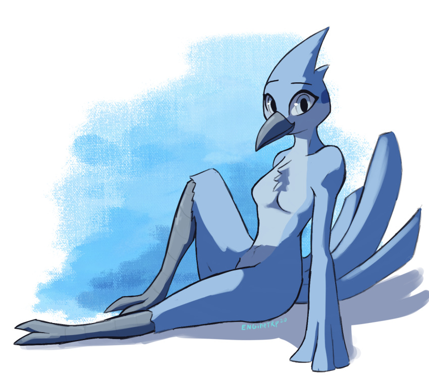 2020 anthro avian beak bird blue_background blue_body blue_feathers breasts chest_tuft enginetrap feathers featureless_breasts female hi_res light lighting looking_at_viewer non-mammal_breasts nude shadow simple_background sitting solo tuft white_background