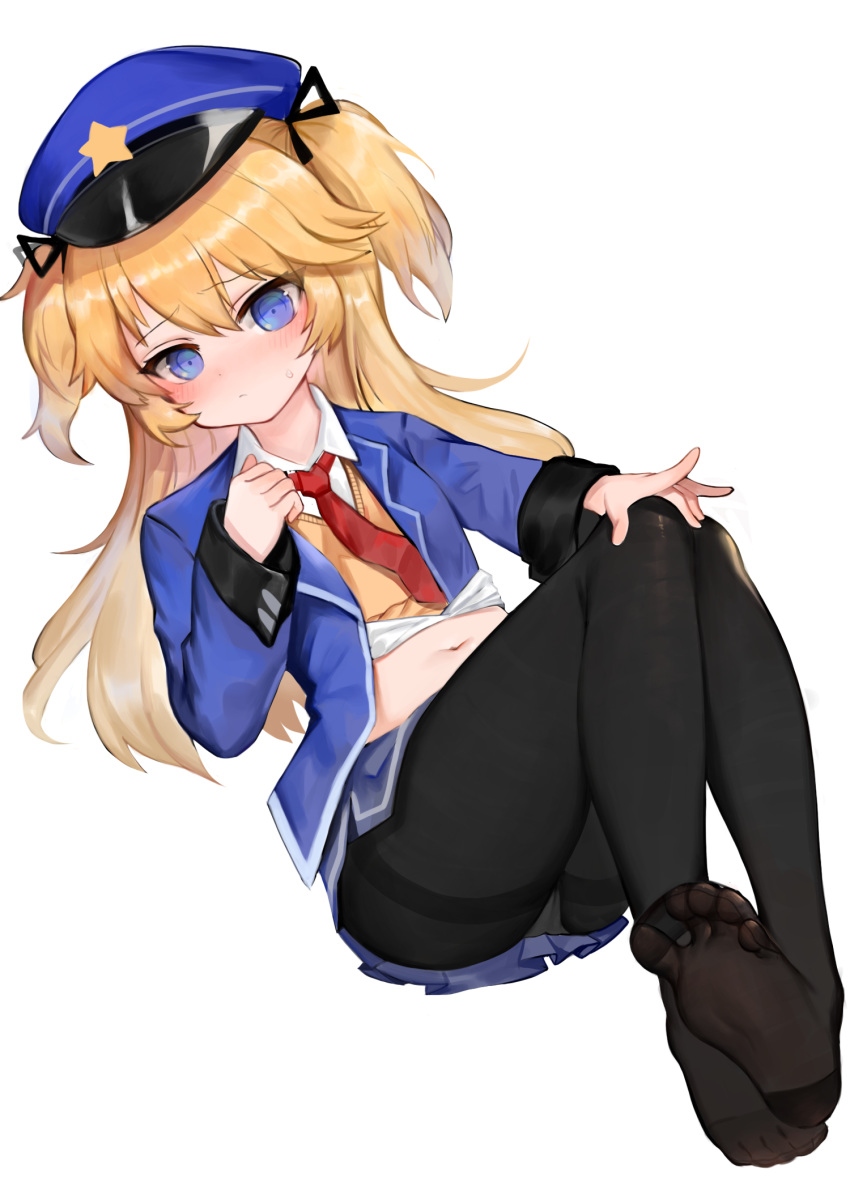 1girl bangs black_legwear black_ribbon blonde_hair blue_headwear blue_jacket blue_skirt blush closed_mouth collared_shirt commentary_request dokomon eyebrows_visible_through_hair girls_frontline hair_between_eyes hair_ribbon hat highres jacket korean_commentary long_hair long_sleeves looking_at_viewer navel necktie no_shoes nose_blush open_clothes open_jacket outstretched_arm pantyhose peaked_cap photoshop_(medium) pleated_skirt red_neckwear ribbon shirt skirt sleeves_past_wrists soles solo super_shorty_(girls_frontline) sweat sweater_vest thighband_pantyhose two_side_up very_long_hair white_shirt