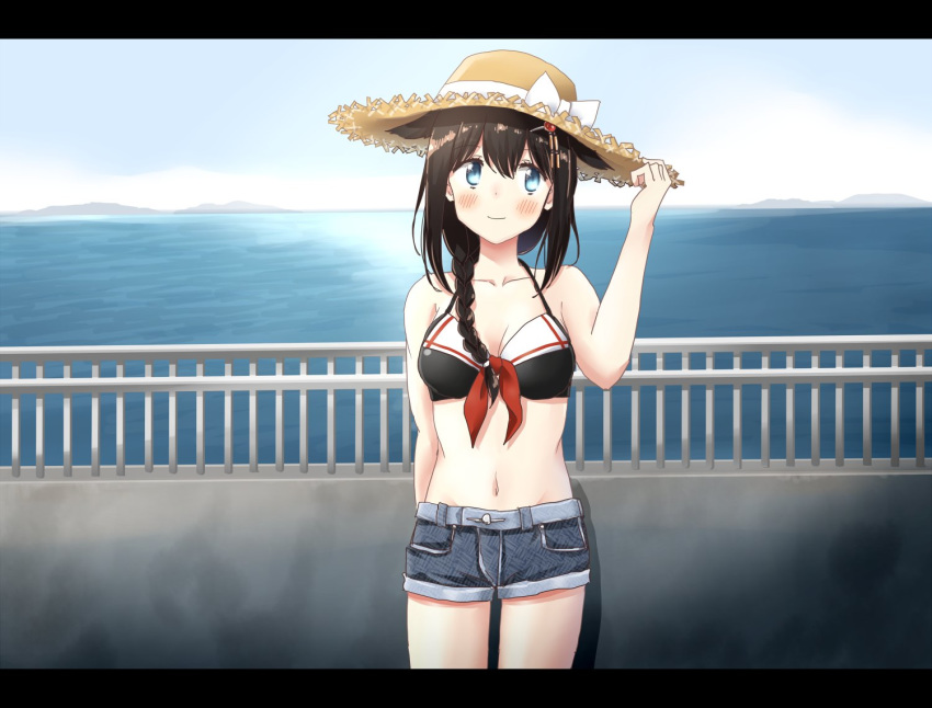 1girl ahoge any_(lucky_denver_mint) bikini bikini_top black_bikini black_hair black_shorts blue_eyes braid collarbone commentary_request cowboy_shot cropped_legs dated day denim denim_shorts hair_flaps hair_ornament hair_over_shoulder hat horizon kantai_collection letterboxed looking_at_viewer navel ocean outdoors railing remodel_(kantai_collection) shigure_(kantai_collection) shorts single_braid smile solo standing straw_hat sun_hat swimsuit