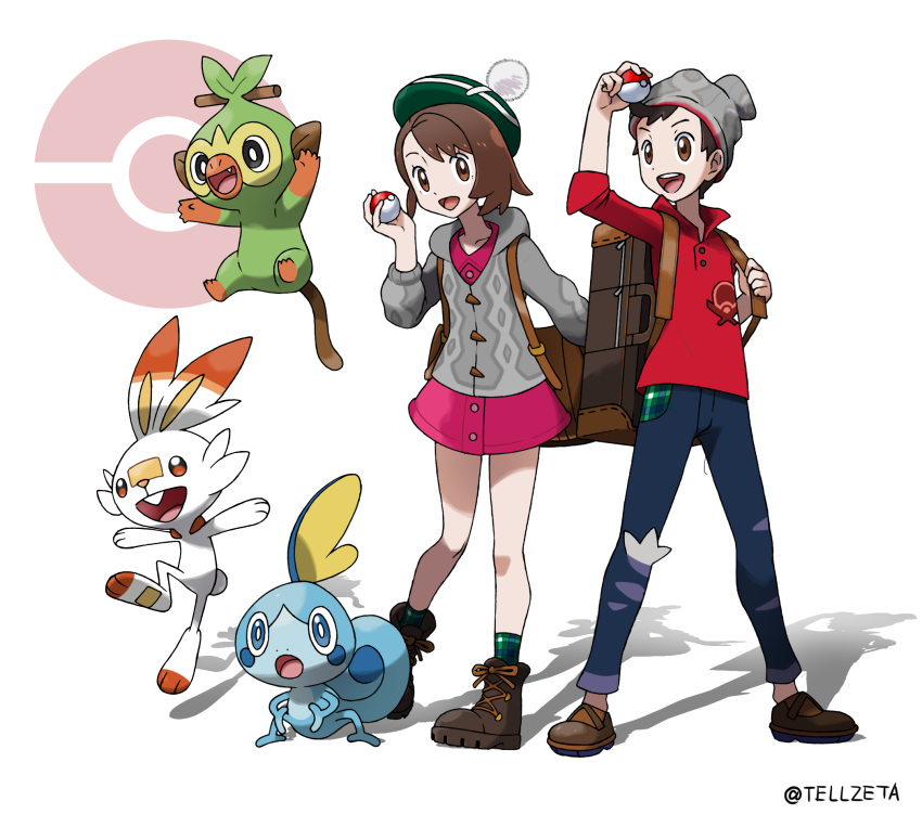 1boy 1girl artist_name bangs beanie boots brown_eyes brown_footwear brown_hair cardigan commentary_request denim dress gen_8_pokemon green_headwear green_legwear grey_cardigan grookey hat highres holding holding_poke_ball jeans long_sleeves looking_at_viewer masaru_(pokemon) official_style open_mouth pants pink_dress poke_ball poke_ball_(generic) poke_ball_symbol pokemon pokemon_(creature) pokemon_(game) pokemon_swsh red_shirt scorbunny shirt short_hair sleeves_rolled_up smile sobble socks standing starter_pokemon starter_pokemon_trio suitcase tam_o'_shanter teeth teru_zeta tongue watermark yuuri_(pokemon)