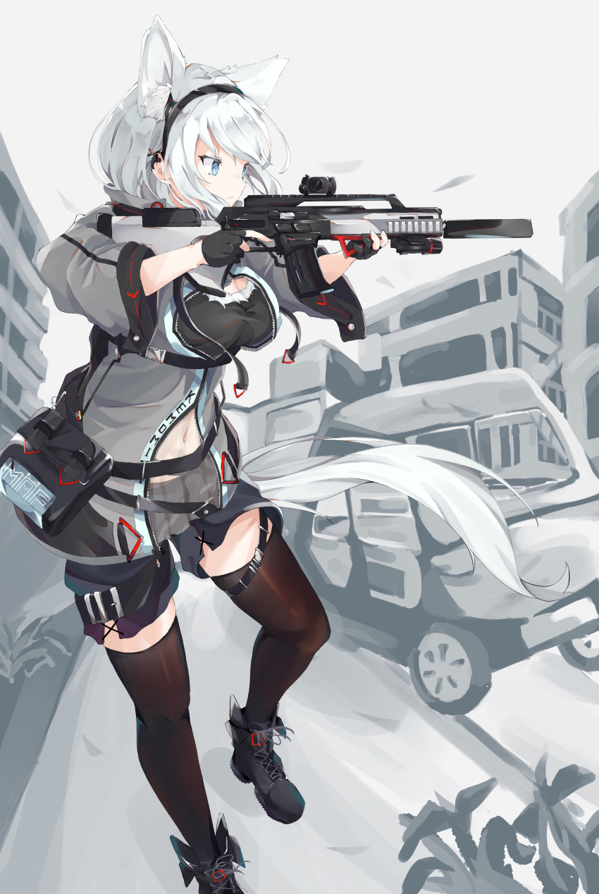 1girl absurdres animal_ears bangs black_footwear black_gloves black_shirt black_shorts blue_eyes boots breasts brown_legwear building car cleavage commentary cross-laced_footwear day gloves grey_jacket ground_vehicle gun highres holding holding_gun holding_weapon jacket konotuki lace-up_boots long_sleeves looking_away medium_breasts motor_vehicle open_clothes open_jacket original outdoors parted_lips partly_fingerless_gloves romaji_commentary shirt short_shorts shorts silver_hair solo standing thighhighs trigger_discipline weapon weapon_request