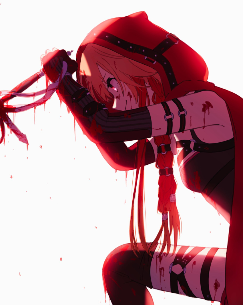 1girl arm_strap armpits blood blood_drip blood_on_face blood_splatter bloody_clothes bloody_hands bloody_weapon braid cloak commentary elbow_gloves gloves gnu_1234 hair_extensions highres holding holding_sword holding_weapon hood idolmaster idolmaster_cinderella_girls leather_armor ninomiya_asuka orange_hair rapier red_eyes red_hair sadism short_hair smile solo stabbing sword thigh_strap thighhighs violence weapon