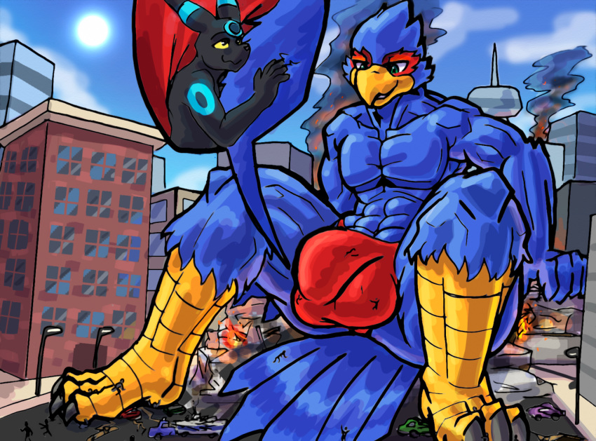 anthro avian balls bird bulge city clothing destruction eeveelution falco_lombardi genitals internal macro male mammal maxwell_kyris mrease nintendo pok&eacute;mon pok&eacute;mon_(species) sitting speedo star_fox swimwear togepi1125 umbreon video_games worship