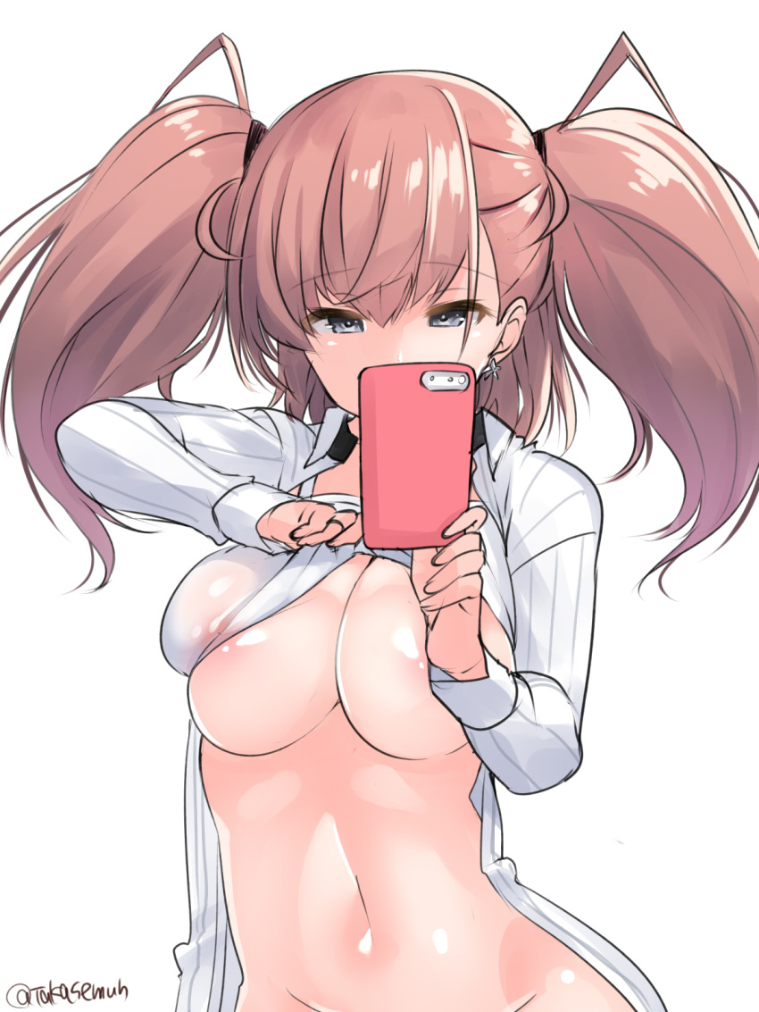 1girl areola_slip areolae atlanta_(kantai_collection) black_headwear breasts brown_hair cellphone commentary_request dress_shirt grey_eyes highres holding holding_phone kantai_collection large_breasts long_hair long_sleeves looking_at_phone navel open_clothes phone shirt simple_background solo takase_muu twitter_username two_side_up upper_body white_background white_shirt