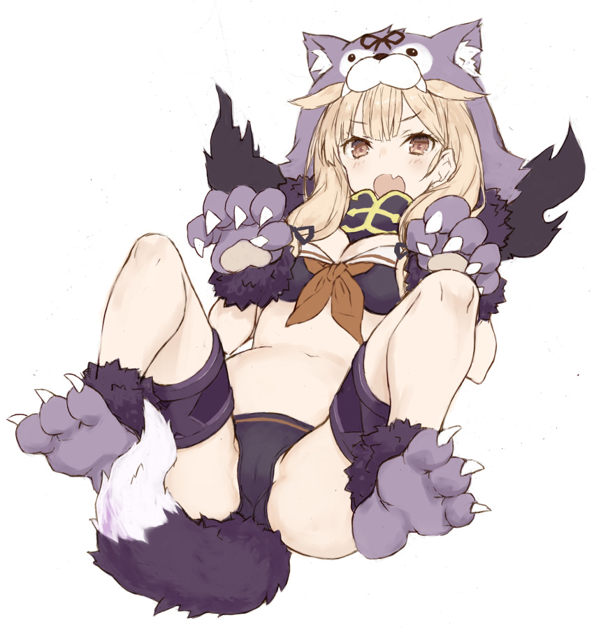 1girl absurdres animal_hood bikini black_bikini blonde_hair blush breasts dog_hood dog_paws dog_tail eyebrows_visible_through_hair fang goekawa hair_flaps highres hood kantai_collection large_breasts long_hair navel neckerchief open_mouth paws red_eyes red_neckwear remodel_(kantai_collection) sailor_bikini sailor_collar simple_background skin_fang solo swimsuit tail white_background yuudachi_(kantai_collection)