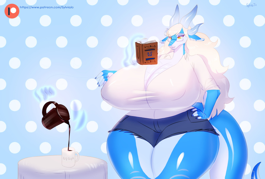 absurd_res anthro beverage big_breasts blau_draconis book bottomwear breasts cleavage clothed clothing coffee dragon eyewear female glasses hand_on_hip hi_res huge_breasts magic mature_female shorts solo sylviajo telekinesis text thick_thighs url wide_hips