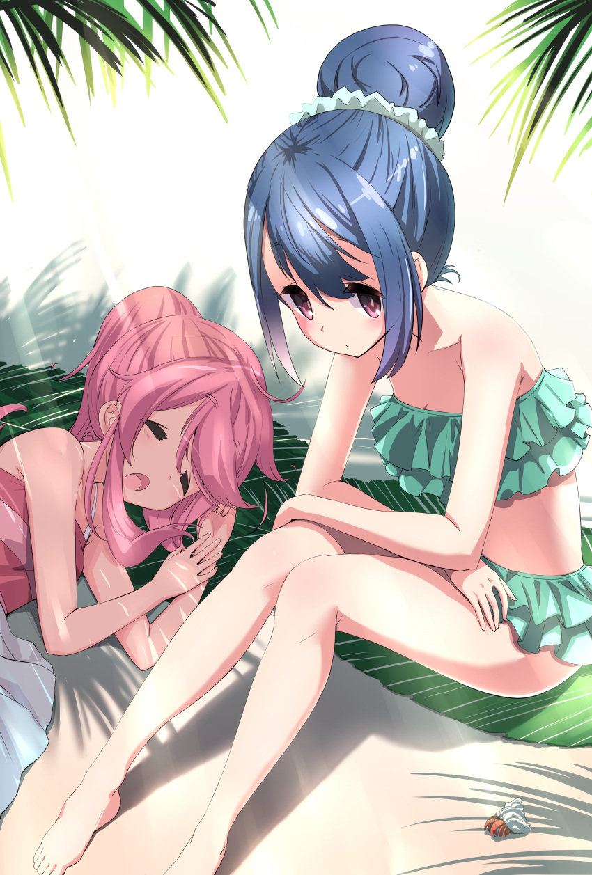 absurdres bikini blue_hair closed_eyes frilled_bikini frills hair_bun hermit_crab highres kagamihara_nadeshiko long_hair lying n2midori on_side open_mouth outdoors pink_eyes pink_hair ponytail scrunchie shade shima_rin sitting strapless strapless_bikini swimsuit yurucamp