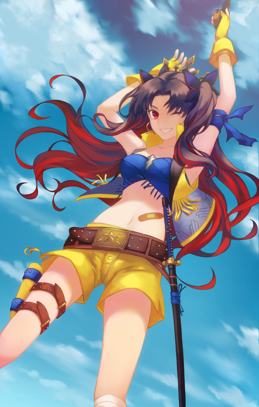 absurdres arms_up bandages bandaid belt belt_buckle black_hair blue_tubetop breasts buckle cleavage cloud collarbone commentary_request day earrings fate/grand_order fate_(series) fingerless_gloves gloves gradient_hair gun highres holster hoop_earrings ishtar_(fate)_(all) jewelry kankitsurui_(house_of_citrus) medium_breasts midriff multicolored_hair navel one_eye_closed outdoors red_eyes red_hair sheath sheathed shorts sky sleeveless smile space_ishtar_(fate) stomach strapless sword teeth tubetop weapon yellow_gloves yellow_shorts