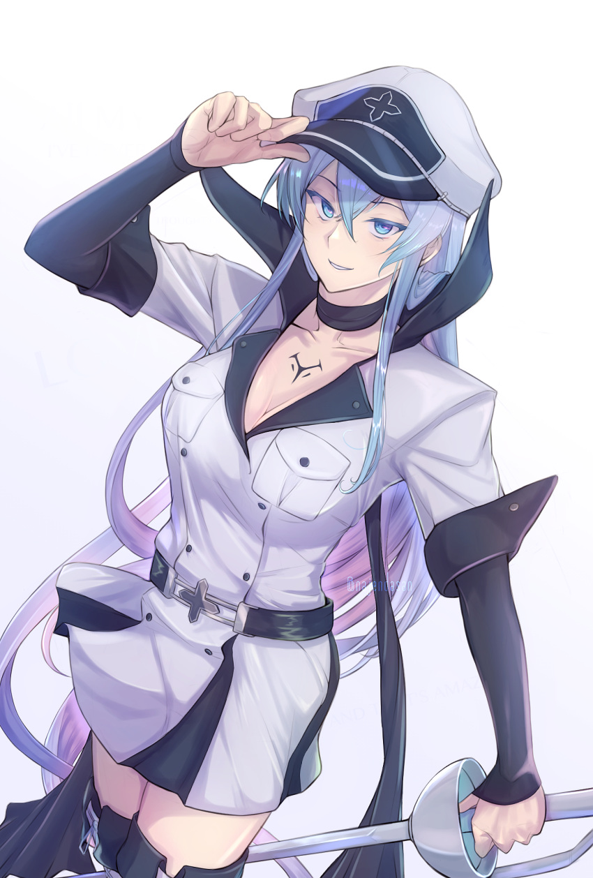 1girl akame_ga_kill! belt black_choker blue_eyes blue_hair boots breasts choker cleavage collarbone esdeath hand_on_headwear hat highres long_hair looking_at_viewer medium_breasts military military_hat military_uniform najendasan rapier smile solo sword tattoo uniform weapon white_background