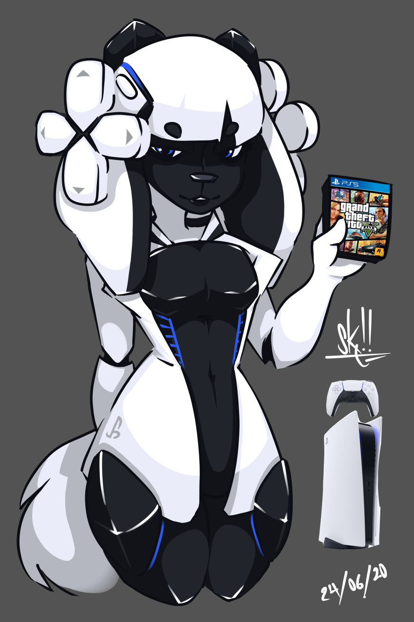 2020 2:3 absurd_res android animal_humanoid anthro black_body black_clothing black_lipstick black_nose blue_eyes blue_light blue_lights breasts button_ears canid canine canis clothed clothing console controller cover date digital_drawing_(artwork) digital_media_(artwork) domestic_dog female floppy_ears game_controller grand_theft_auto grand_theft_auto_v grey_background grin hair hi_res holding_object humanoid lips lipstick logo long_ears looking_at_viewer machine makeup mammal mammal_humanoid mechanical_arm medium_breasts metallic_body metallic_clothing playstation playstation_5 pupstation_5 real robot robotic_arm rockstar_games shaded short_hair short_tail signature simple_background skooptroop slim_waist smile solo sony_corporation sony_interactive_entertainment suit thick_thighs video_game_cover video_games white_body white_clothing white_hair white_tail wide_hips