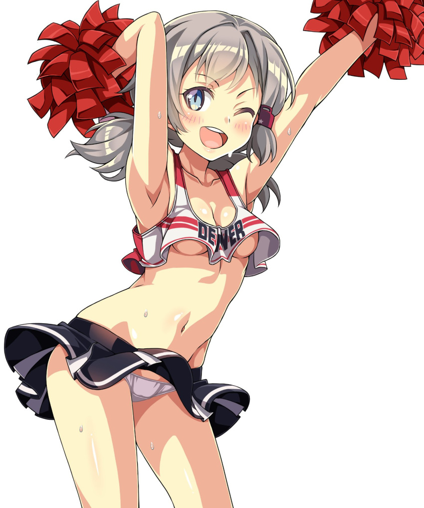 1girl alternate_costume armpits arms_up azur_lane bangs black_skirt blue_eyes breasts character_name cheering cheerleader clothes_writing collarbone commentary_request crop_top crop_top_overhang denver_(azur_lane) eyebrows_visible_through_hair highres holding holding_pom_poms looking_at_viewer macaroni_hourensou midriff miniskirt navel open_mouth panties pantyshot pleated_skirt pom_poms shirt short_hair short_twintails silver_hair simple_background skirt sleeveless sleeveless_shirt small_breasts smile solo sweat twintails underwear white_background white_panties