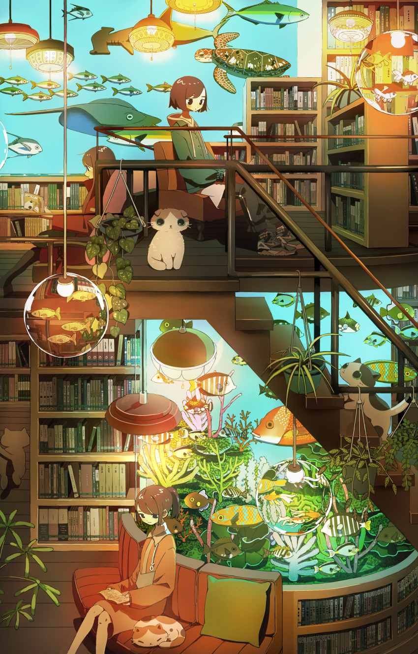 3girls absurdres book bookshelf brown_hair cat drawstring feet_out_of_frame fish hammerhead_shark highres hood hood_down leaf light long_hair long_sleeves manta_ray multiple_girls original pants plant ponytail profile reading shoes short_hair stairs tao_(tao15102) turtle wide_shot