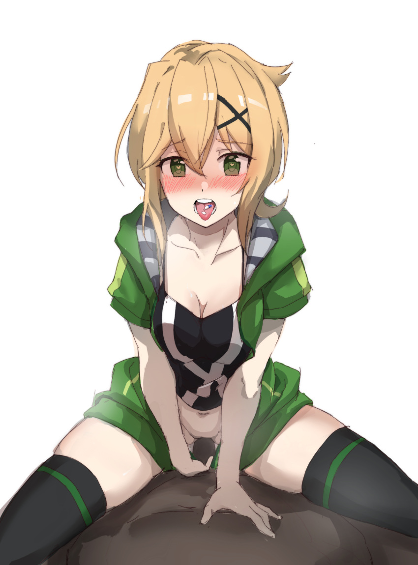 1boy 1girl akatsuki_kirika blonde_hair blush breasts cleavage girl_on_top green_eyes green_hoodie guided_penetration hair_ornament heart heart-shaped_pupils hetero highres imminent_sex imminent_vaginal looking_at_viewer medium_breasts navel penis pill senki_zesshou_symphogear short_hair simple_background solo_focus spread_legs symbol-shaped_pupils tongue tongue_out wdh841964350 white_background x_hair_ornament