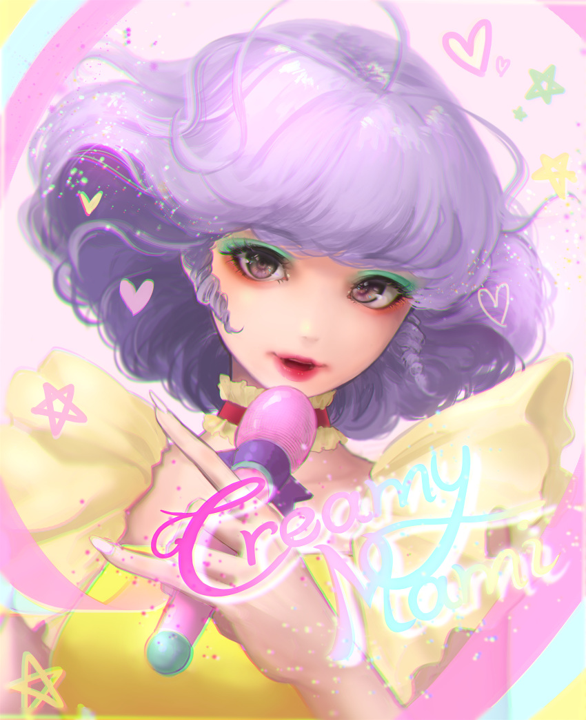 1girl absurdres brown_eyes character_name choker commentary creamy_mami drill_hair eyebrows_visible_through_hair green_eyeshadow heart highres holding holding_microphone huge_filesize looking_at_viewer magical_girl mahou_no_tenshi_creamy_mami microphone music older open_mouth orange_eyeshadow purple_hair rakugaki_suruhito short_hair singing solo star_(symbol)