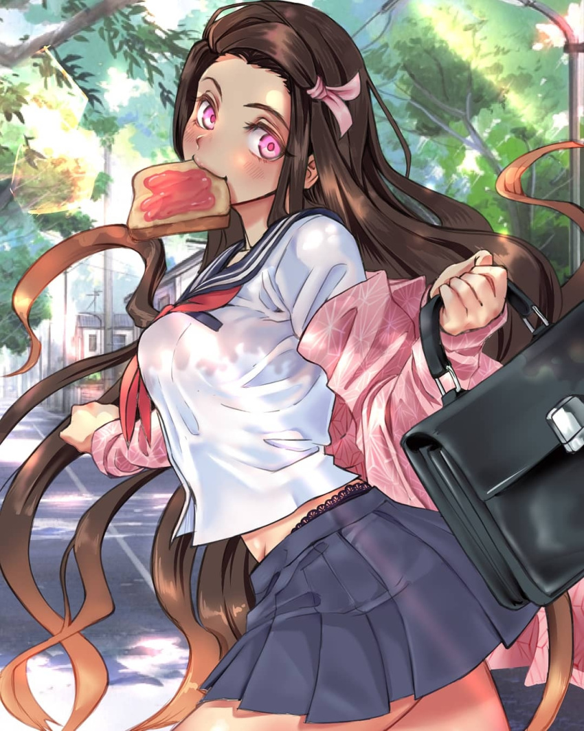 1girl alternate_costume bag black_skirt blush cowboy_shot diegodraws food food_in_mouth hair_ribbon highres holding holding_bag jam kamado_nezuko kimetsu_no_yaiba long_hair looking_at_viewer mouth_hold neckerchief pink_eyes pink_ribbon pleated_skirt red_neckwear ribbon sailor_collar school_uniform serafuku shirt skirt solo toast toast_in_mouth very_long_hair white_shirt