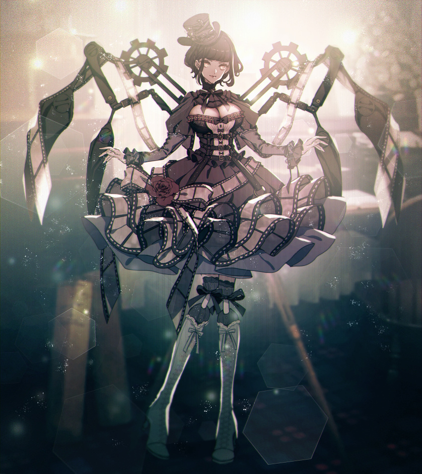 1girl absurdres bangs belt black_hair boots breasts brown_dress brown_eyes brown_headwear character_request cleavage cross-laced_footwear dress film_strip frills full_body gears hat highres huge_filesize indoors knee_boots knees_together_feet_apart large_breasts lens_flare lens_flare_abuse long_sleeves moe_(hamhamham) personification pokemon solo standing sunlight tilted_headwear
