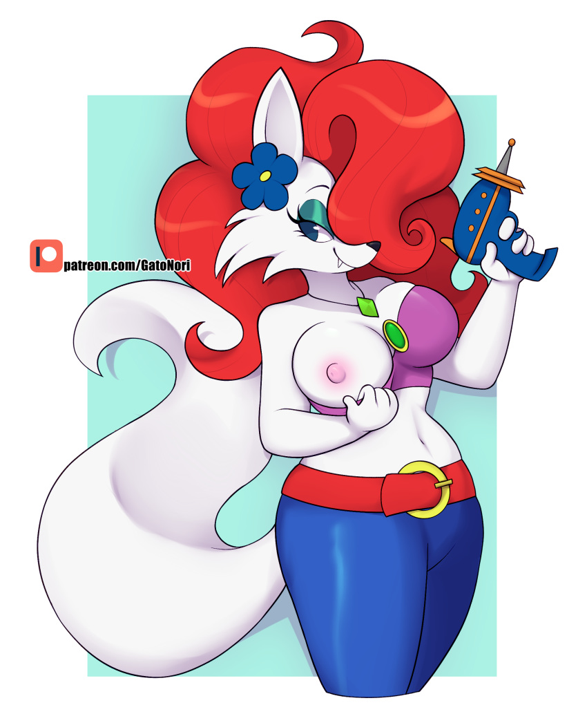 absurd_res anthro areola blue_bottomwear blue_clothing bottomwear canid canine clothing female fox fur hair hair_over_eye hi_res mammal nipples norithecat one_breast_out one_eye_obstructed red_hair solo white_body white_ears white_fur white_tail