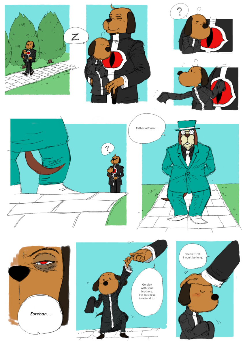 2020 anthro blush business_suit canid canine canis clothing comic domestic_dog english_text eyewear fan_character father father_and_child father_and_son glasses grass group hand_on_head hat headgear headwear hi_res male mammal parent parent_and_child priest red_eyes sleeping son speech_bubble suit tagme text tree