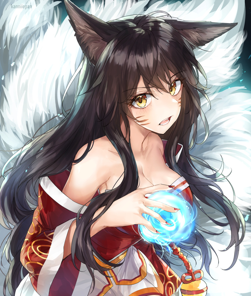 1girl absurdres ahri animal_ears bare_shoulders black_hair breasts cleavage collarbone dress facial_mark fingernails fox_ears fox_girl fox_tail highres hitodama kanniepan kyuubi large_breasts league_of_legends long_hair long_sleeves looking_at_viewer multiple_tails off-shoulder_dress off_shoulder open_mouth orb red_dress rope sharp_fingernails solo tail upper_body vastaya very_long_hair wide_sleeves yellow_eyes