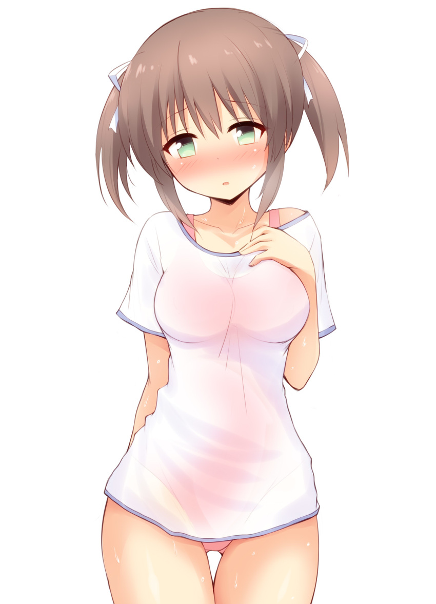 1girl asagiri_mai ass_visible_through_thighs bangs blush breasts brown_hair collarbone cowboy_shot eyebrows_visible_through_hair green_eyes hair_between_eyes hair_ribbon hand_up highres looking_at_viewer medium_breasts nose_blush parted_lips pink_swimsuit ribbon see-through shirt short_sleeves sidelocks simple_background solo swimsuit swimsuit_under_clothes thigh_gap twintails wet wet_clothes wet_shirt white_background white_ribbon white_shirt yoake_mae_yori_ruri_iro_na yuu_(yumezakura)