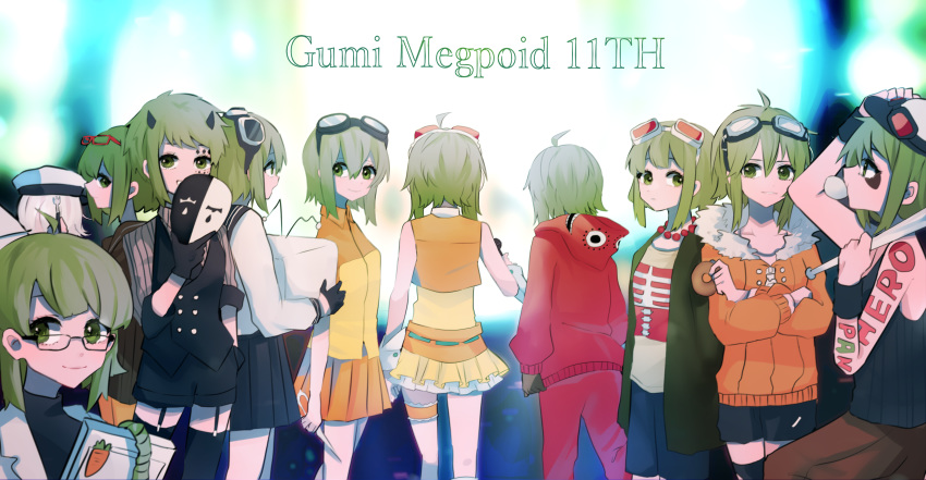 6+girls absurdres ama_no_jaku_(vocaloid) anniversary bare_shoulders baseball_bat bead_necklace beads black_collar black_shirt black_skirt bubble_blowing character_name chewing_gum coat collar commentary crop_top donut_hole_(vocaloid) doughnut echo_(vocaloid) facing_away food from_behind from_side fur-trimmed_coat fur_trim gloves goggles goggles_on_head gomiyama green_eyes green_hair green_jacket gumi hat highres holding holding_baseball_bat holding_food holding_television jacket jewelry jinsei_reset_button_(vocaloid) looking_at_viewer mask matryoshka_(vocaloid) multiple_girls multiple_persona necklace orange_coat orange_shirt orange_skirt panda_hero_(vocaloid) pants parted_lips poker_face_(vocaloid) red_goggles red_hoodie red_pants sailor_hat school_uniform serafuku shirt short_hair shorts sidelocks skeleton_print skirt sleeveless sleeveless_shirt smile song_request songover standing striped striped_shirt suspenders tears television thigh_strap vocaloid white_hair white_shirt wristband yowamushi_mont-blanc_(vocaloid)