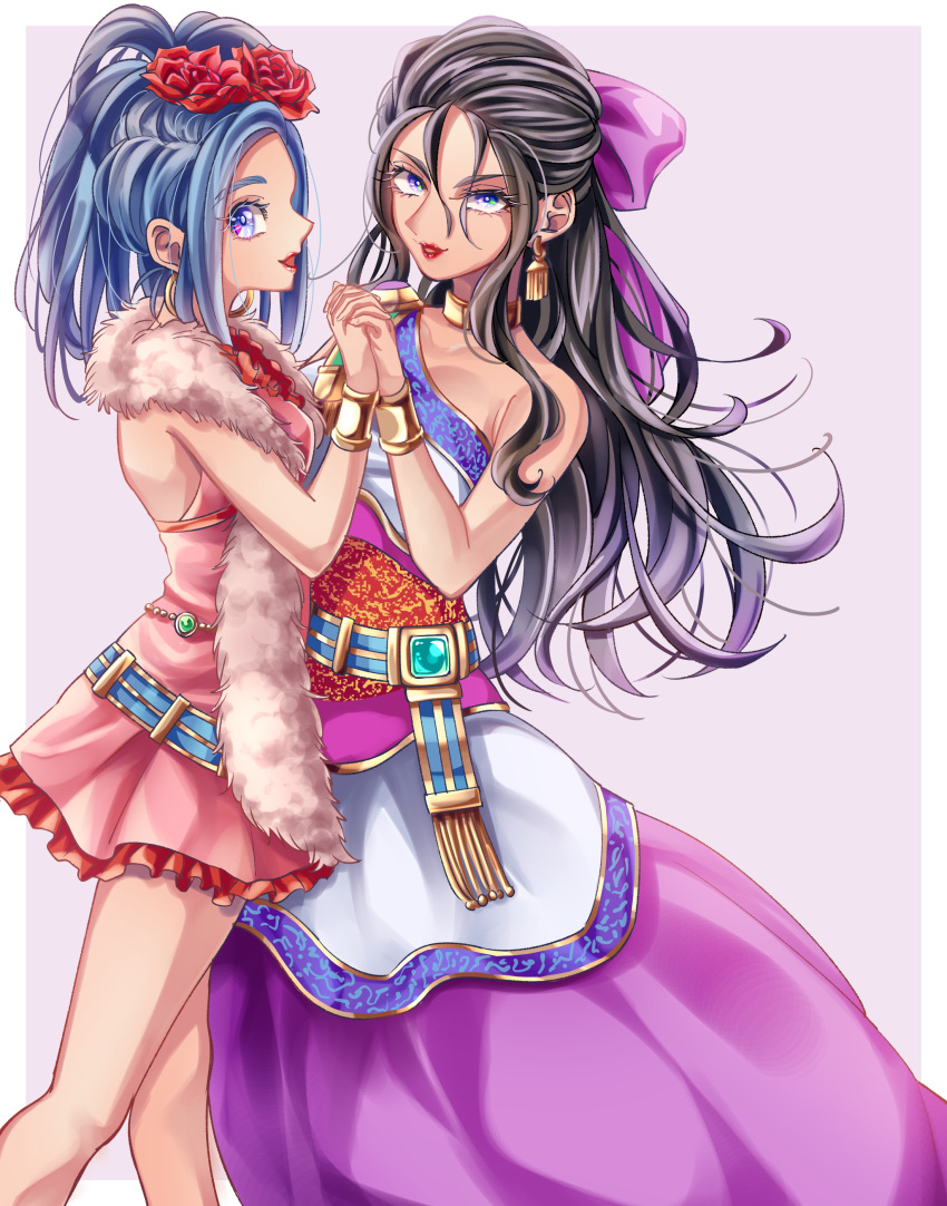 2girls absurdres alternate_hairstyle atarime_(atarimemakaron) black_hair blue_eyes blue_hair border bow bracelet commentary_request cosplay costume_switch deborah deborah_(cosplay) dragon_quest dragon_quest_v dress earrings eyelashes feather_boa flora flora_(cosplay) flower grey_background hair_bow hair_flower hair_ornament hair_up highres holding_hands jewelry lipstick long_hair looking_at_viewer makeup multiple_girls pink_dress purple_bow purple_dress red_flower red_lipstick red_rose rose short_dress siblings single_bare_shoulder sisters sleeveless sleeveless_dress white_border