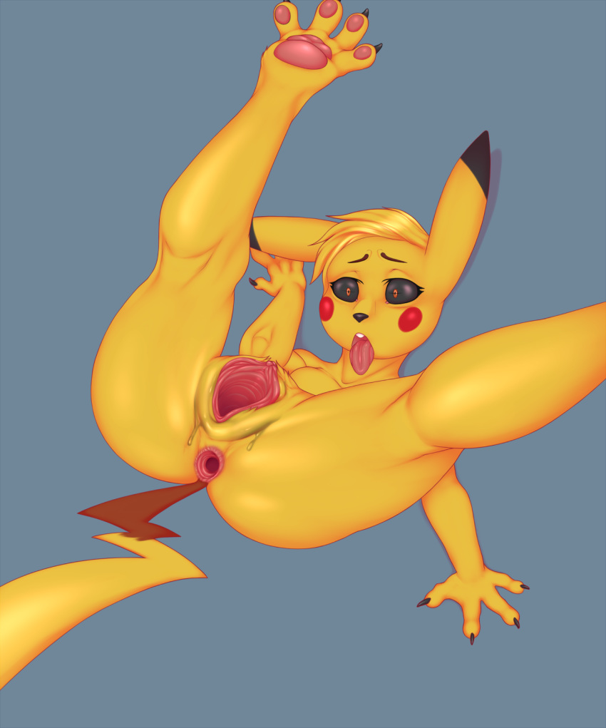 4_fingers ahegao anthro anus black_sclera bodily_fluids breath claws female fingers fur gaping gaping_anus gaping_pussy genital_fluids genitals hair hi_res looking_pleasured nintendo nude open_mouth pads_(disambiguation) panting paws pikachu pok&eacute;mon pok&eacute;mon_(species) pussy pussy_juice text tongue tongue_out upside_down video_games winteranswer