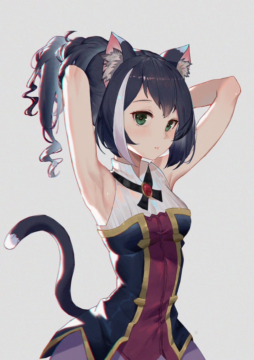 1girl absurdres animal_ear_fluff animal_ears armpits arms_behind_head arms_up bangs black_hair blush breasts cat_ears cat_girl cat_tail cowboy_shot dress green_eyes grey_background highres huge_filesize karyl_(princess_connect!) long_hair medium_breasts multicolored multicolored_clothes multicolored_dress multicolored_hair naicha_(842951905) parted_lips ponytail princess_connect! princess_connect!_re:dive simple_background sleeveless sleeveless_dress solo streaked_hair tail white_hair