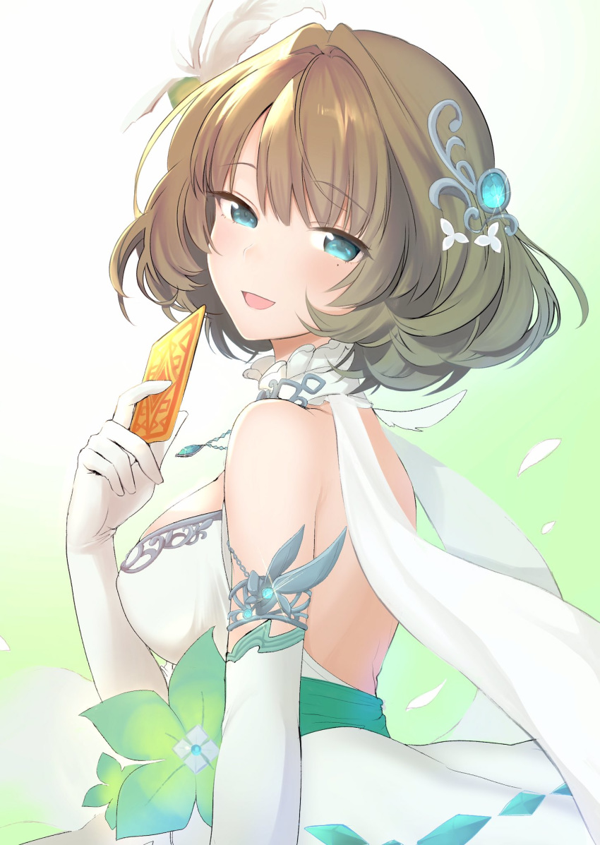 1girl armlet backless_dress backless_outfit breasts brown_hair card commentary_request dress elbow_gloves emirio_(user_wmup5874) glint gloves green_eyes hair_ornament highres idolmaster idolmaster_cinderella_girls jewelry large_breasts looking_at_viewer looking_to_the_side mole necklace short_hair solo takagaki_kaede white_dress white_gloves