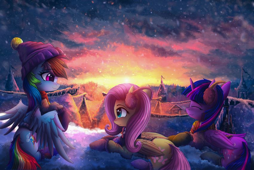 absurd_res atlas-66 clothing cutie_mark detailed_background earmuffs equid equine eyes_closed female feral fluttershy_(mlp) friendship_is_magic group hasbro hat headgear headwear hi_res horn mammal my_little_pony outside pegasus rainbow_dash_(mlp) snow snowing twilight_sparkle_(mlp) winged_unicorn wings