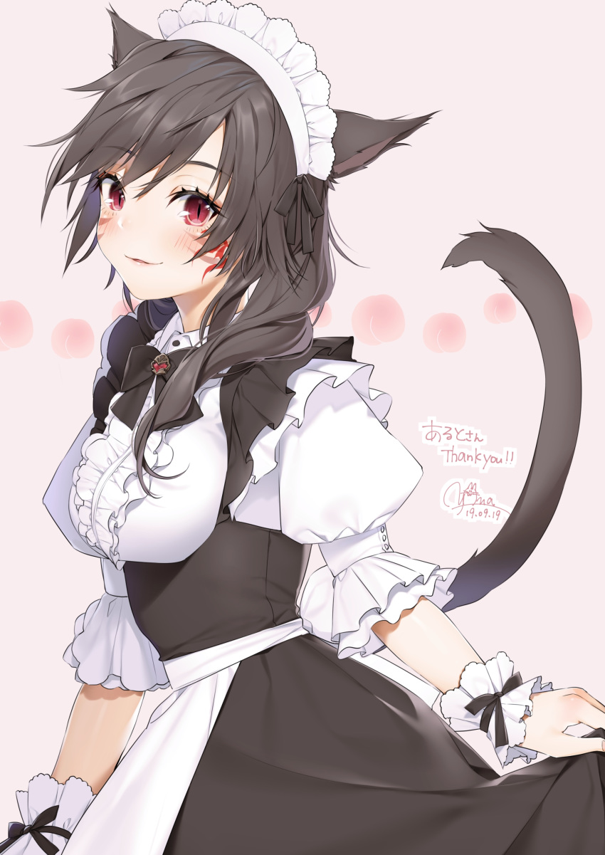 1girl absurdres animal_ears black_hair cat_ears cat_tail dated facial_mark final_fantasy highres maid maid_headdress miqo'te red_eyes signature slit_pupils tail whisker_markings wrist_cuffs yana_mori