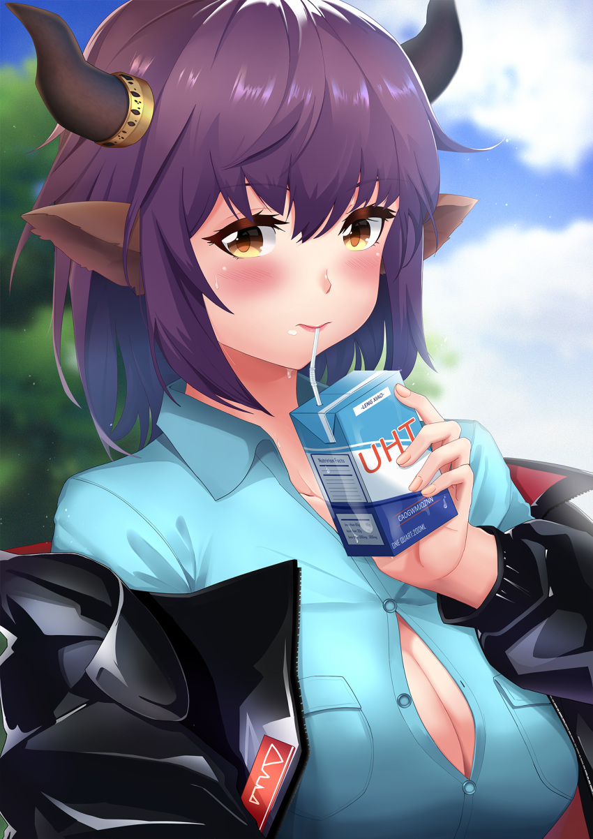 1girl animal_ears arknights bangs bendy_straw black_jacket blue_shirt blurry blurry_background blush breasts brown_eyes button_gap cleavage closed_mouth collarbone collared_shirt commentary_request cow_ears cow_horns curled_horns day depth_of_field dress_shirt drinking_straw eyebrows_visible_through_hair hair_between_eyes highres holding horns jacket large_breasts leng_xiao looking_at_viewer milk_carton off_shoulder open_clothes open_jacket outdoors purple_hair shirt sideroca_(arknights) solo upper_body