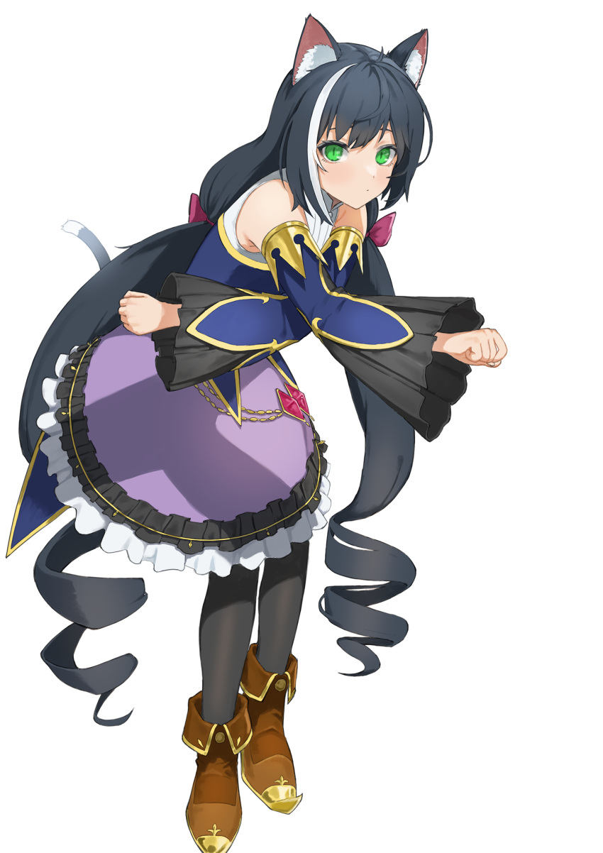 1girl animal_ears black_hair cat_ears cat_tail expressionless flasso green_eyes highres karyl_(princess_connect!) long_hair low_twintails photo-referenced princess_connect! princess_connect!_re:dive slit_pupils solo tail twintails very_long_hair