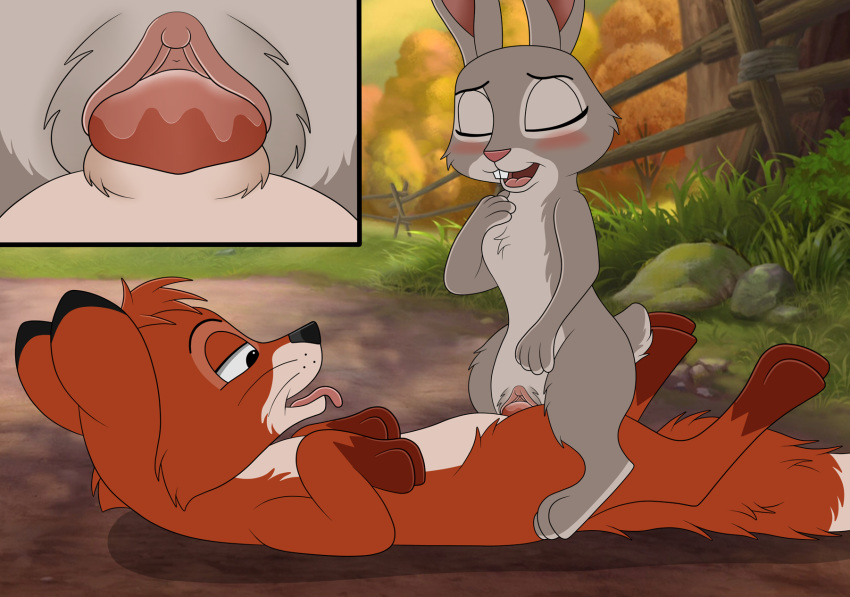 anthro bedroom_eyes blush buckteeth canid canine cowgirl_position crossover disney duo erection eyes_closed female feral fluffy fluffy_tail fox fox_and_the_hound genitals hi_res judy_hopps knot lagomorph leporid long_ears looking_up lying male male/female mammal narrowed_eyes on_back on_top open_mouth orgasm orgasm_face penetration penis predator/prey pussy rabbit seductive sex size_difference skateryena teeth todd tongue tongue_out vaginal vaginal_penetration zootopia