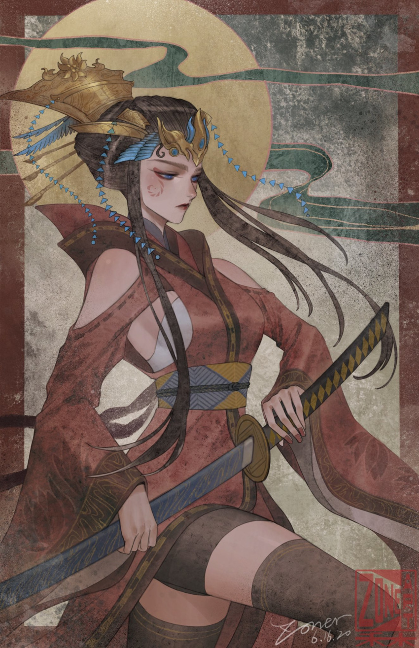 1girl blue_eyes brown_hair highres holding holding_sword holding_weapon japanese_clothes jinguang_budaixi kimono long_hair looking_down personification red_nails sheath sheathed sidelocks solo sword transformers weapon windblade zoner