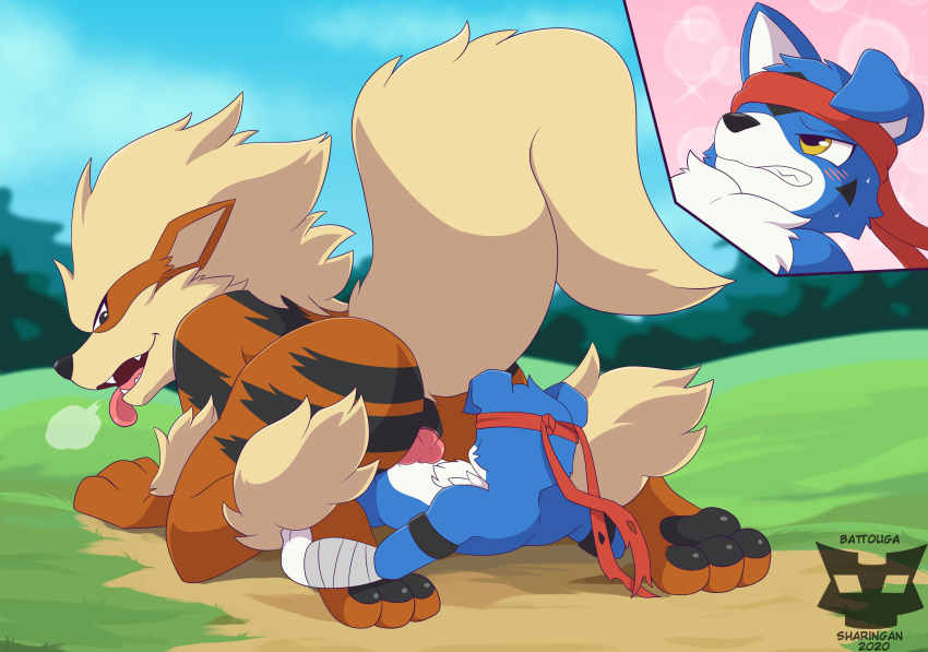 absurd_res anal anal_penetration animal_genitalia anthro anthro_on_feral anthro_penetrating anthro_penetrating_feral anus arcanine battouga-sharingan bestiality blue_body blue_fur blush butt canid canine detailed_background digimon digimon_(species) digital_media_(artwork) duo erection feral feral_penetrated fur gaomon genitals grass hi_res knot looking_back male male/male male_penetrated male_penetrating male_penetrating_male mammal nintendo open_mouth outside penetration penile penile_penetration penis pok&eacute;mon pok&eacute;mon_(species) quadruped sex sharp_teeth sky smile teeth tongue tongue_out tree video_games white_body white_fur