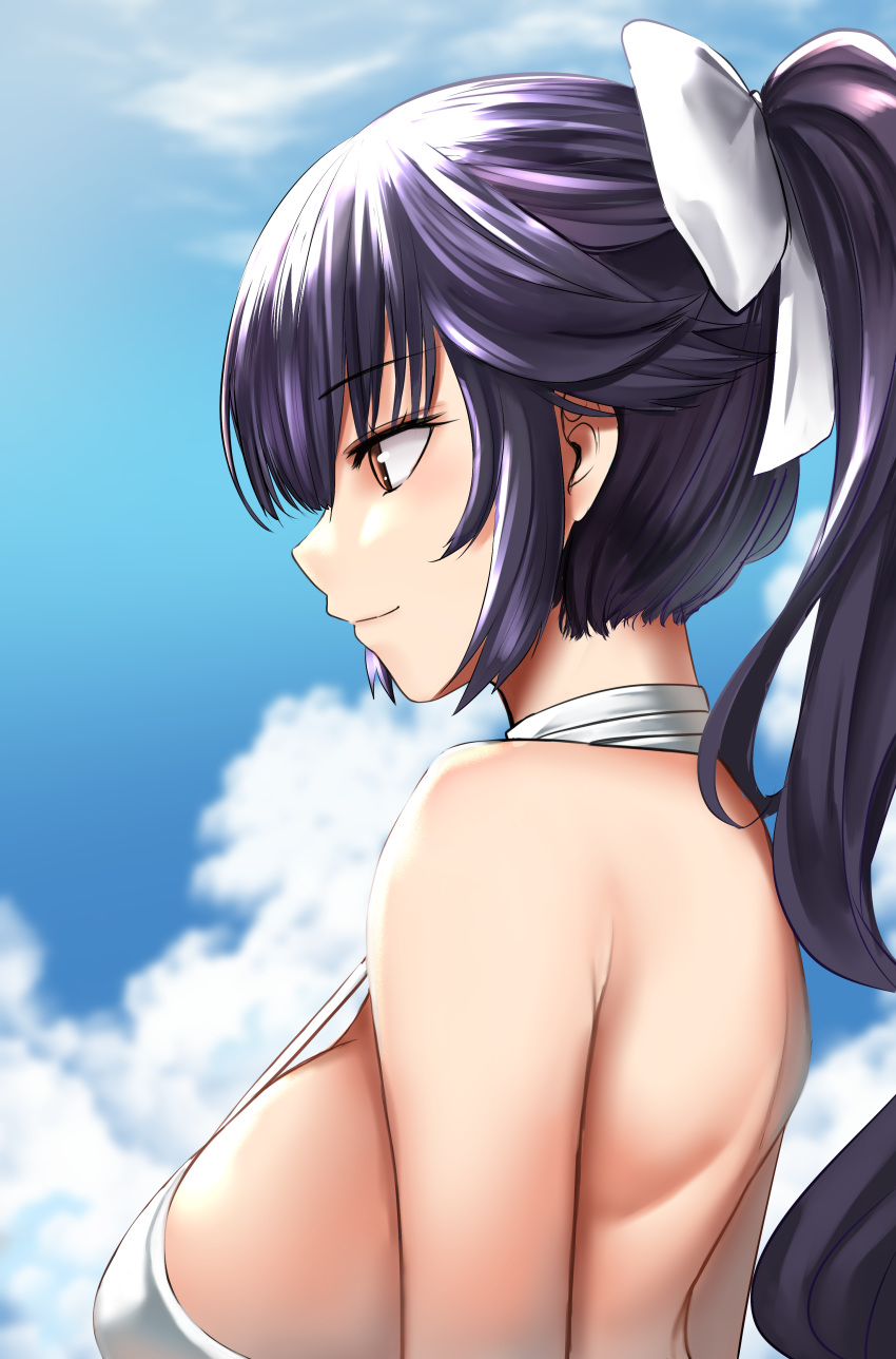 1girl absurdres azur_lane bangs black_hair bow breasts brown_eyes casual_one-piece_swimsuit cloud criss-cross_halter dvdraw hair_bow hair_ornament halterneck highres large_breasts long_hair one-piece_swimsuit outdoors ponytail profile sideboob solo swimsuit takao_(azur_lane) takao_(beach_rhapsody)_(azur_lane) white_bow white_swimsuit