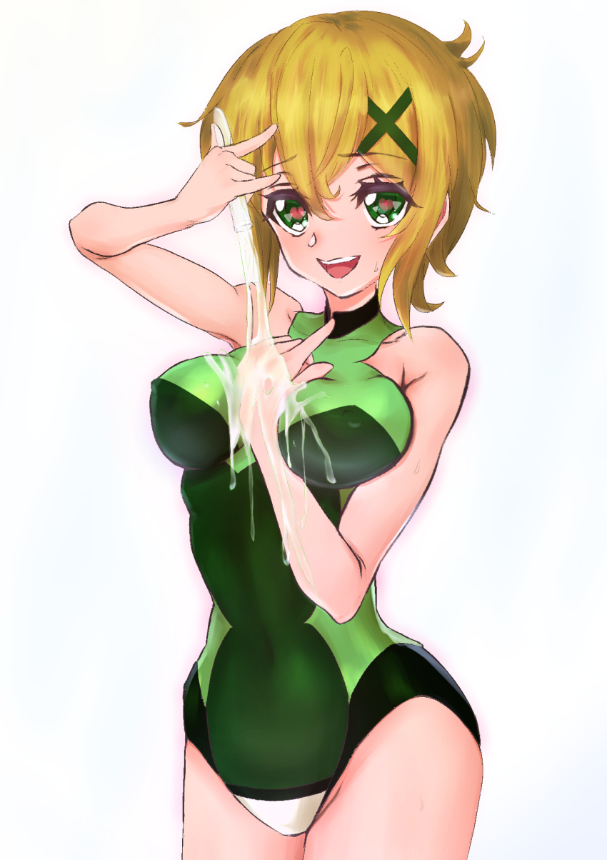 1girl akatsuki_kirika barefoot between_breasts blonde_hair blush breasts covered_navel green_eyes green_leotard hair_ornament hand_between_breasts hand_on_own_chest heart heart-shaped_pupils highres leotard liquid looking_at_viewer medium_breasts namime senki_zesshou_symphogear short_hair smile solo standing symbol-shaped_pupils vial x_hair_ornament