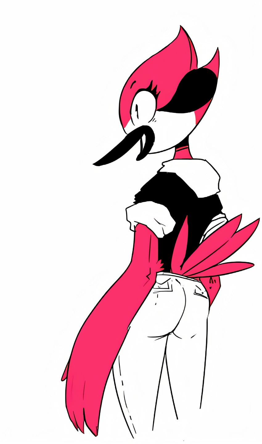 ass avian background beak bird black_hoodie cartoon_network female highres hoddie mangeto_(artist) margaret_(regular_show) pants personification red_feathers regular_show solo tail_feathers tight tight_pants white white_legwear