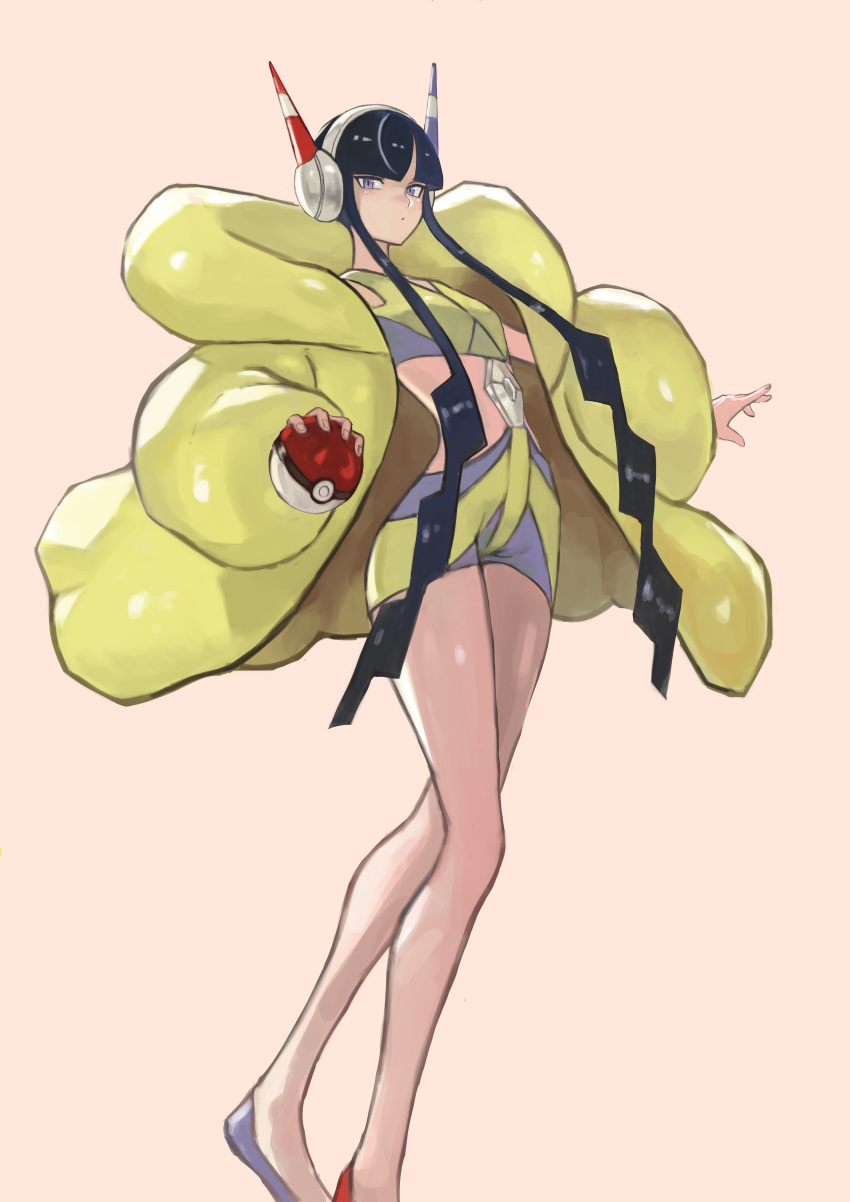 1girl absurdres black_hair coat crop_top gym_leader headphones highres holding holding_poke_ball kamitsure_(pokemon) long_hair long_sleeves looking_at_viewer mismatched_footwear multicolored_hair open_clothes open_coat poke_ball poke_ball_(generic) pokemon pokemon_(game) pokemon_bw2 purple_eyes purple_footwear red_footwear seiya_(artist) shorts solo streaked_hair two-tone_hair very_long_hair white_hair yellow_coat