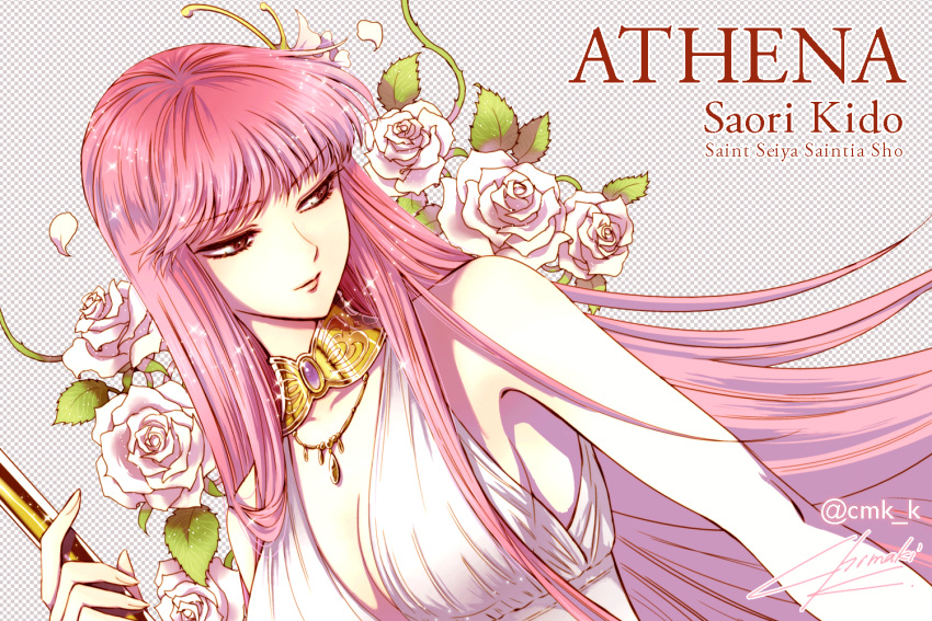 1girl athena_(saint_seiya) bangs bare_shoulders breasts character_name cleavage collar commentary copyright_name dress eyebrows_visible_through_hair flower hair_ornament holding holding_staff jewelry kido_saori kuori_chimaki large_breasts lips long_hair looking_to_the_side necklace purple_hair rose saint_seiya saint_seiya_saintia_sho signature sleeveless sleeveless_dress solo sparkle staff twitter_username upper_body white_dress white_flower white_rose