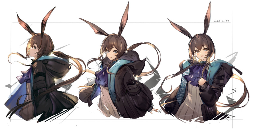 1girl amiya_(arknights) animal_ears arknights ascot bangs black_jacket blue_neckwear blush brown_eyes brown_hair bunny_ears closed_mouth coat dated facing_viewer frilled_ascot frills from_side hair_between_eyes hand_on_own_chest highres hood hooded_jacket jacket long_hair long_sleeves looking_at_viewer multiple_rings multiple_views open_clothes open_jacket sidelocks simple_background sketch smile thumb_ring tomato_omurice_melon upper_body white_background