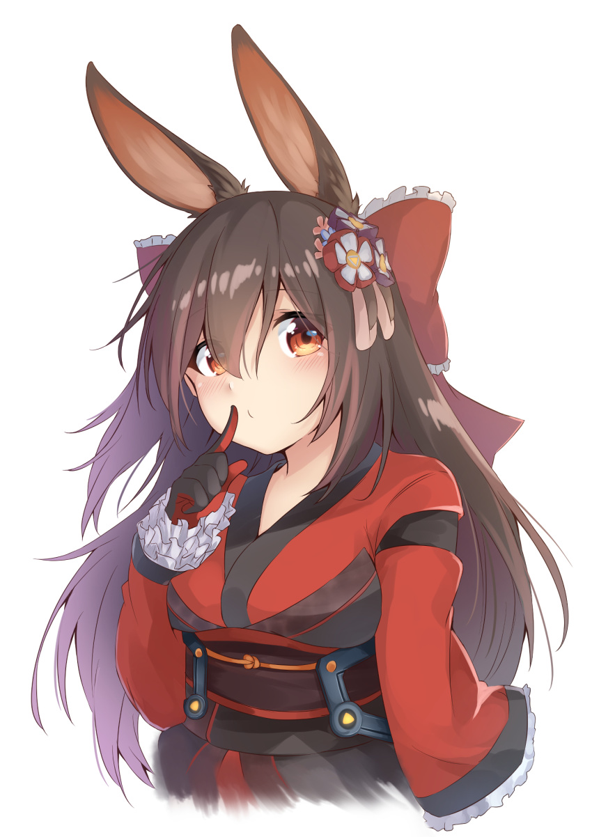 1girl animal_ears bangs black_gloves bow breasts brown_eyes brown_hair bunny_ears closed_mouth commentary_request cropped_torso enatsu eyebrows_visible_through_hair eyes_visible_through_hair frilled_bow frills gloves hair_between_eyes hair_bow hair_ornament hand_up highres hololive index_finger_raised japanese_clothes kimono long_sleeves obi purple_hair red_bow red_kimono roboco-san sash simple_background sleeves_past_wrists small_breasts upper_body virtual_youtuber white_background