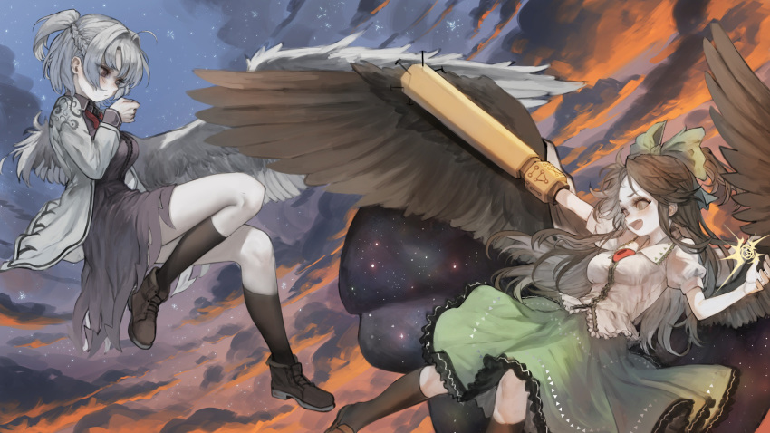 2girls absurdres arm_cannon bird_wings black_legwear black_wings boots bow bowtie braid breasts brown_footwear brown_hair cape cloud control_rod crown_braid dress fang feathered_wings flying frilled_shirt frilled_shirt_collar frilled_skirt frills green_bow green_skirt grey_hair hair_bow hand_up heoningu highres jacket kishin_sagume kneehighs loafers long_hair long_sleeves looking_at_another medium_breasts multiple_girls open_mouth outdoors puffy_short_sleeves puffy_sleeves purple_dress red_neckwear reiuji_utsuho shirt shoes short_ponytail short_sleeves single_wing skirt socks star_(sky) starry_sky_print third_eye touhou weapon white_jacket wings